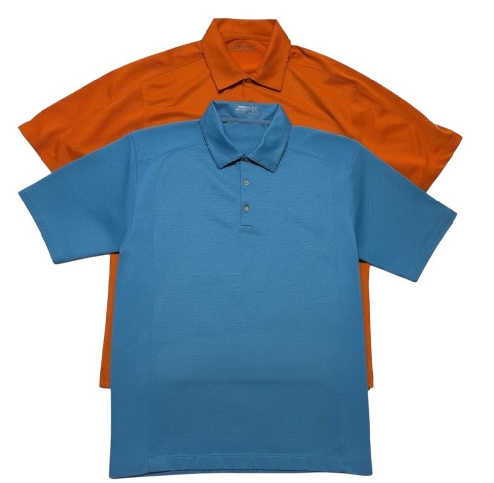 Nike Golf Polo Shirts Dri-Fit Performance Swoosh Orange Blue Polo (2) Size M